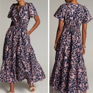 Anthropologie Somerset Tiered Floral Maxi Dress Cotton Navy Blue Purple Size MP